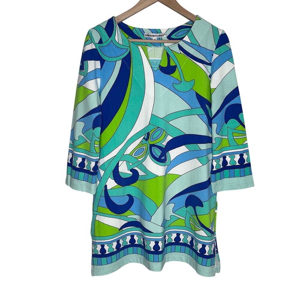 Barbara Gerwit XL Tunic Top Blue Green Abstract Print 3/4 Sleeve NWT Stretch